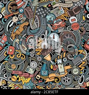 Cartoon cute doodles Automotive seamless pattern Stock Vector