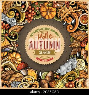 Cartoon cute doodles hand drawn Autumn frame design. All items are separate. Stock Vector