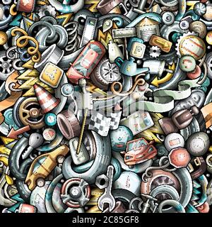 Cartoon cute doodles Automotive seamless pattern Stock Vector