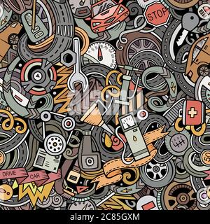 Cartoon cute doodles Automotive seamless pattern Stock Vector
