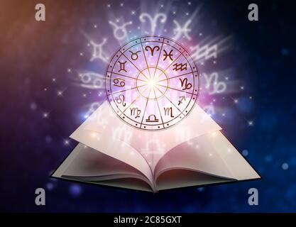 Zodiac signs inside of horoscope circle. Astrology in the sky with many stars and moons  astrology and horoscopes concept Stock Photo