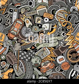 Cartoon cute doodles Automotive seamless pattern Stock Vector