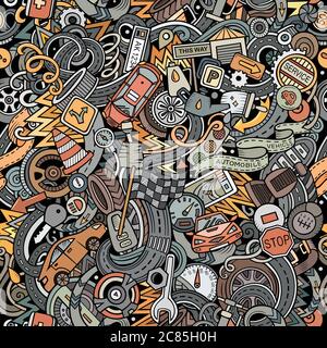 Cartoon cute doodles Automotive seamless pattern Stock Vector