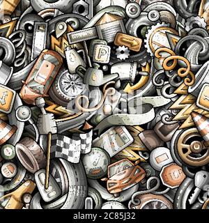 Cartoon cute doodles Automotive seamless pattern Stock Vector