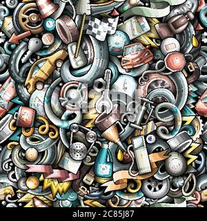 Cartoon cute doodles Automotive seamless pattern Stock Vector
