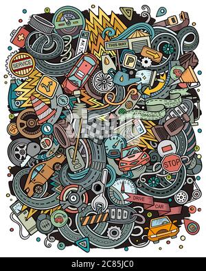 Automotive funny hand drawn vector doodles illustration. Stock Vector