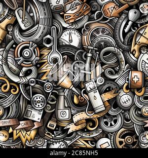 Cartoon cute doodles Automotive seamless pattern Stock Vector