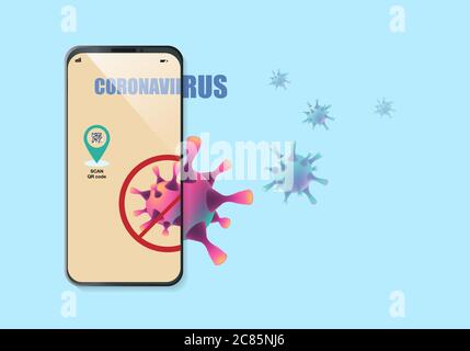 Concepts of application for tracking coronavirus outbreak in smartphone. Check in and out by scan QR code for location of travelling. Stock Vector