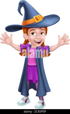 Kid Cartoon Girl Child in Witch Halloween Costume Stock Vector