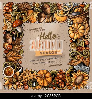 Cartoon cute doodles hand drawn Autumn frame design. All items are separate. Stock Vector