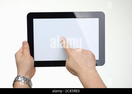 Focused photo on hand that pointing on screen Stock Photo