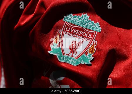 PORT ELIZABETH, SOUTH AFRICA - Jun 27, 2020: A Liverpool Football Club emblem on a jersey.  Premier league winners 2020. Stock Photo