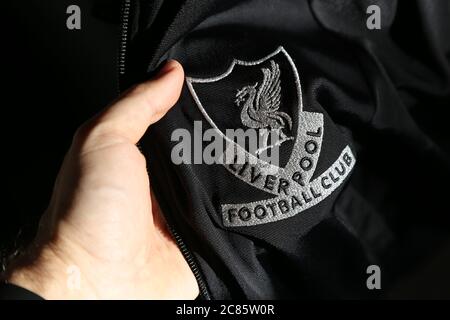 PORT ELIZABETH, SOUTH AFRICA - Jun 27, 2020: A Liverpool Football Club emblem on a jersey.  Premier league winners 2020. Stock Photo