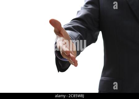 Focused photo on businessman that stretching hand for greetings Stock Photo