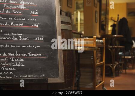 Menu on blackboard in a brasserie of Paris Stock Photo