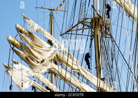 Mats and sails of the four masted Russian sailing ship Kruzenshtern in Dunkirk, France Stock Photo