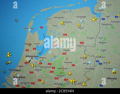 air traffic over Netherlands, (20 july 2020, UTC 18 24), on Internet with Flightradar 24 site, during the Coronavirus Pandemic Stock Photo