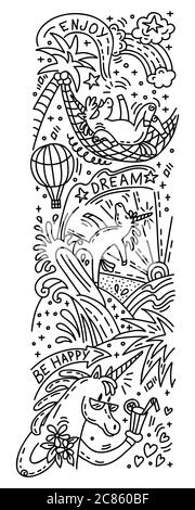 Vector humor doodle and lettering verical illustration with three happy unicorns on vacation: drink a cocktail, lie in a hammock, surf. For stickers, Stock Vector