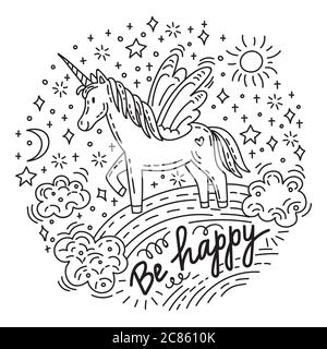 Funny cute unicorn standing on a rainbow with sun, stars. Lettering  be happy. Vector humor character in doodle style. For stickers, design cushion, c Stock Vector