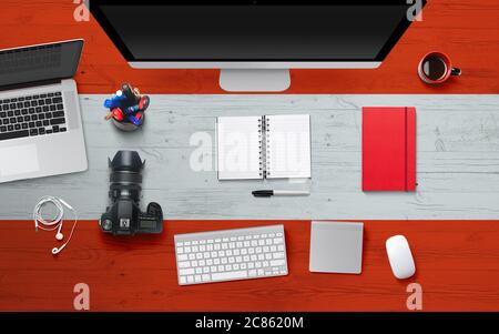Austria flag background with headphone,camera, notebook and mouse on national office desk table.Top view with copy space.Flat Lay. Stock Photo