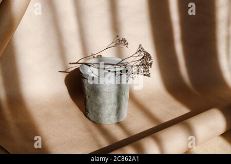 Abstract creative minimal composition with a clay pot and dry grass against kraft paper. Natural and ecological products concept. Stock Photo