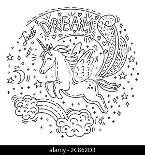 Dreaming cute flying unicorn in doodle style.Vector monochrome isolated illustration.Character and lettering Just dream.For apparel, stickers, design Stock Vector