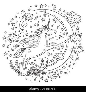 Dreaming cute unicorn flying with clouds to the moon illustration. Vector monochrome isolated character in doodle style. For apparel, stickers, design Stock Vector