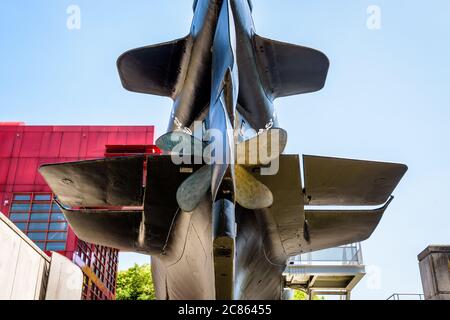 Low angle view of the stern, rudder and propeller of the Argonaute submarine, converted to a museum ship in the parc de la Villette in Paris, France. Stock Photo