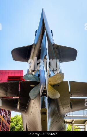 Low angle view of the stern, rudder and propeller of the Argonaute submarine, converted to a museum ship in the parc de la Villette in Paris, France. Stock Photo