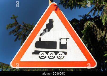Railroad crossing signs. Train passage sign. warning symbol Stock Photo