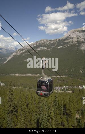 Banff National Park, Alberta, Canada,  August, 2005: Gondola rises to the summit of Sulphur Mountain; it has one of the world's steepest grades at 51%. The gondola rises 2,292 feet to the summit at 7,486 feet and is immensely popular with tourists year-round.  ©Bob Daemmrich Stock Photo