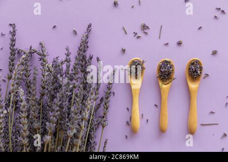 Dry lavender flower in wooden spoon and lavender bouquet on violet background Stock Photo