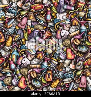 Cartoon cute doodles hand drawn Cleaning seamless pattern Stock Vector