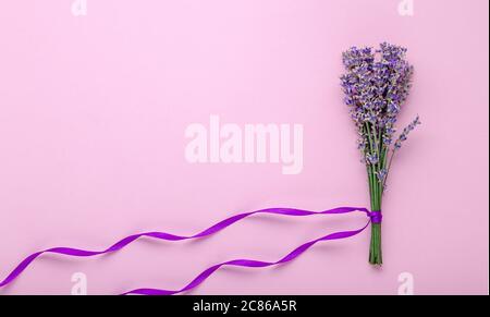 Fresh lavender flower bouquet with purple ribbon on color background. Place for text. Flatlay herbal flower blossom. Lavender aromatherapy. Pink Stock Photo
