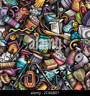 Cartoon cute doodles hand drawn Cleaning seamless pattern Stock Vector