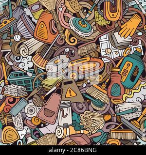 Cartoon cute doodles hand drawn Cleaning seamless pattern Stock Vector