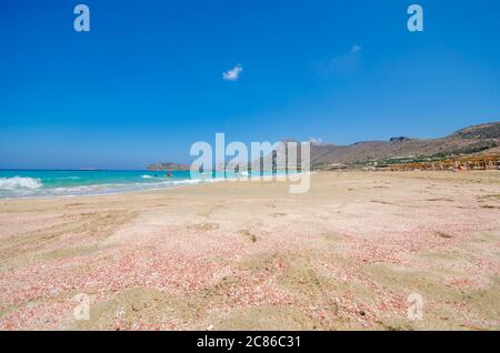 Falasarna beach, one of the most famous beaches of Crete located in the Kissamos province, at the northern edge of Crete’s western coast. Stock Photo