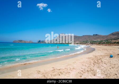 Falasarna beach, one of the most famous beaches of Crete located in the Kissamos province, at the northern edge of Crete’s western coast. Stock Photo