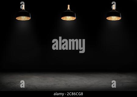 Grunge cracked concrete black wall with ceiling lamps, Old brick wall with peeling plaster. black wall cement background for product show with Elegant Stock Photo