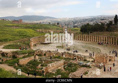 Oval Forum of Gerasa, ancient roman city in Jordan Stock Photo