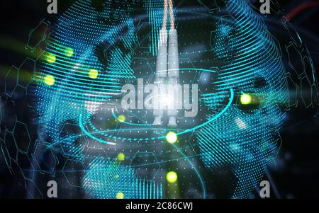 Planet Earth globe global communication technology concept server room background. Stock Photo