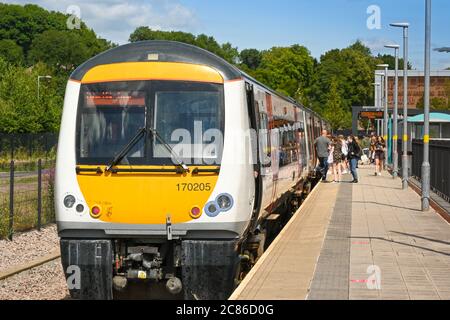 Ebbw Vale, Wales - July 2020: Passenger train alongside the platform at Ebbw Vale town station. The train is in the new colours of Transport for Wales Stock Photo