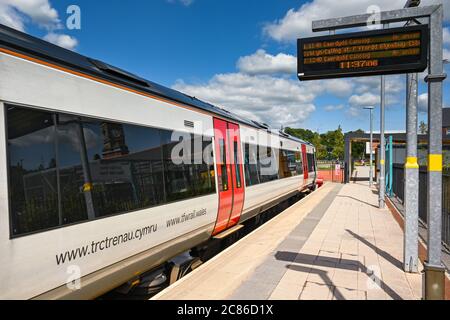 Ebbw Vale, Wales - July 2020: Passenger train alongside the platform at Ebbw Vale town station. The train is in the new colours of Transport for Wales Stock Photo