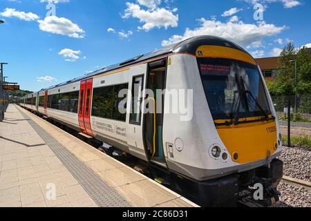 Ebbw Vale, Wales - July 2020: Passenger train alongside the platform at Ebbw Vale town station. The train is in the new colours of Transport for Wales Stock Photo