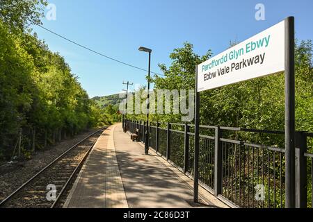 Ebbw Vale, Wales - July 2020: Empty platform at Ebbw Vale Parkway railway station. The station is on the outskirts of the town. Stock Photo