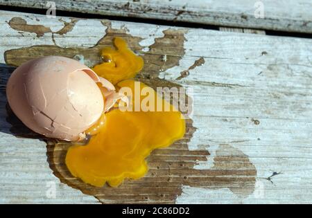 A close up look at the mess made by a dropped egg on the back deck making for a bad start to this morning in Missouri. Stock Photo