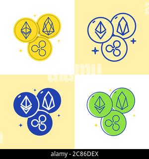 Altcoins icon set in flat and line style. Cryptocurrency concept. Ethereum ETH, Ripple and EOS digital coins. Vector illustration. Stock Vector