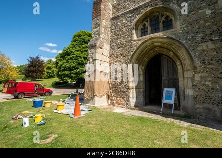 Great Missenden Parish Church - St Peter and St Paul, with restoration work being carried out on the stonework, Summer 2020 Stock Photo