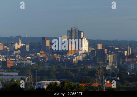 Leeds City Skyline viewed from Rothwell. Arena Village Campus student accommodation, dominates the horizon. Stock Photo