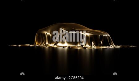 Presentation of a car under shiny gold cloth. Vehicle covered by smooth fabric sheet. Isolated on a black background with studio lighting. Realistic 3 Stock Photo